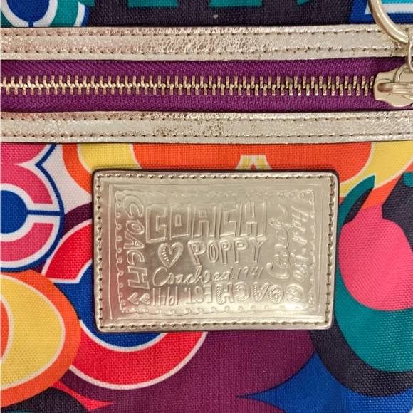 COACH Logo POPPY colorful gold leather trim purse tote - Picture 3 of 17